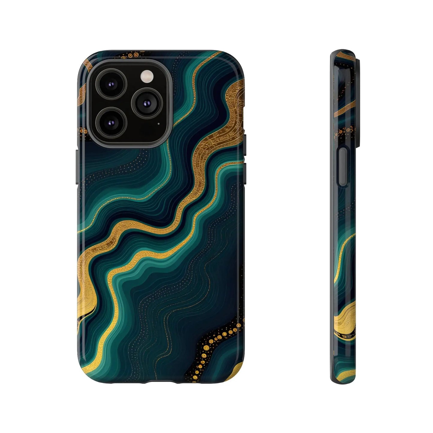 Back of a sleek elegant phone case with deep teal and gold swirling pattern on dark navy geode phone protector