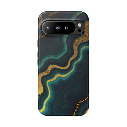 Back of a sleek geode phone protector with swirling teal and gold abstract patterns on a dark navy background