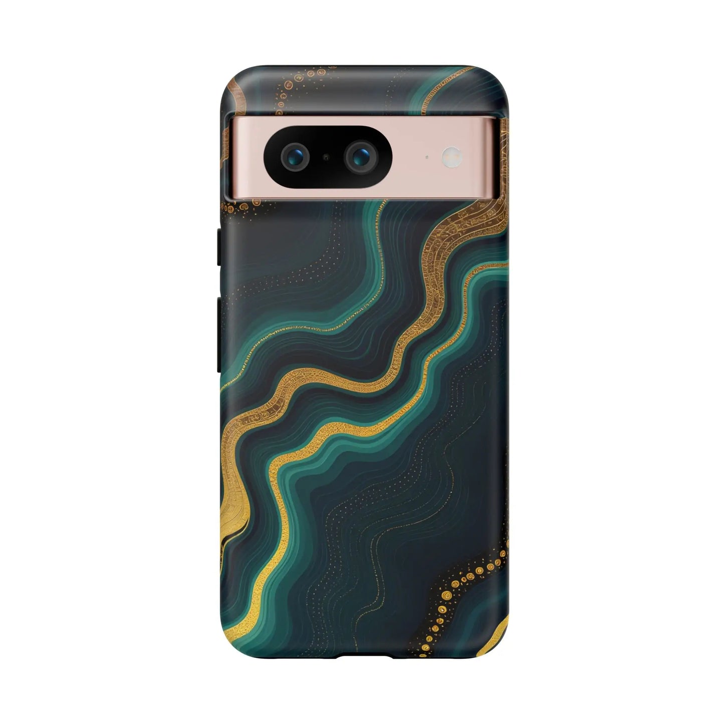 Back of a sleek geode phone protector with dark teal and gold marbled design and subtle glitter accents
