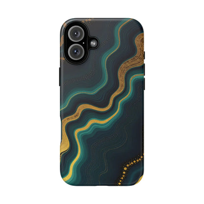 Sleek geode phone protector with swirling teal and gold abstract patterns on dark navy back side for stylish protection
