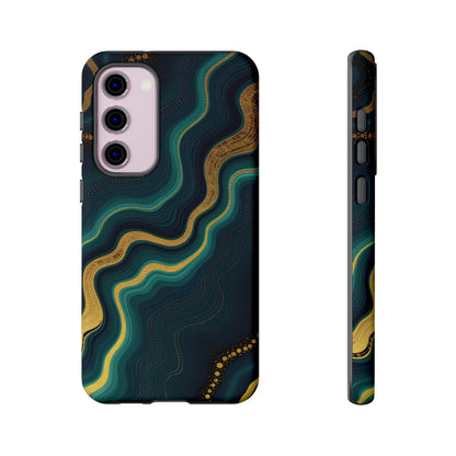 Back of a sleek geode phone protector with swirling teal and gold marbled patterns and a glossy finish