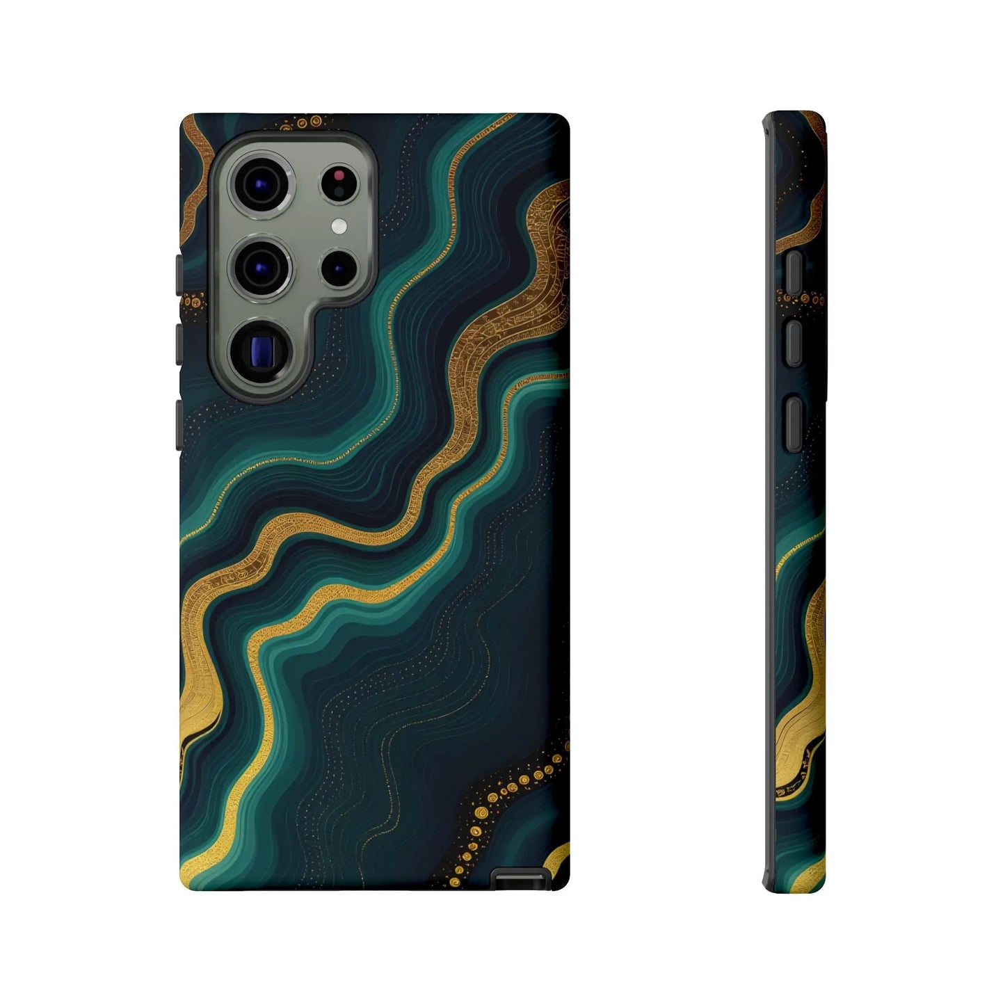 Back of a sleek elegant phone case with gold and teal marbled patterns on navy blue for stylish geode phone protector
