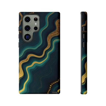Back of a sleek elegant phone case with gold and teal marbled patterns on navy blue for stylish geode phone protector
