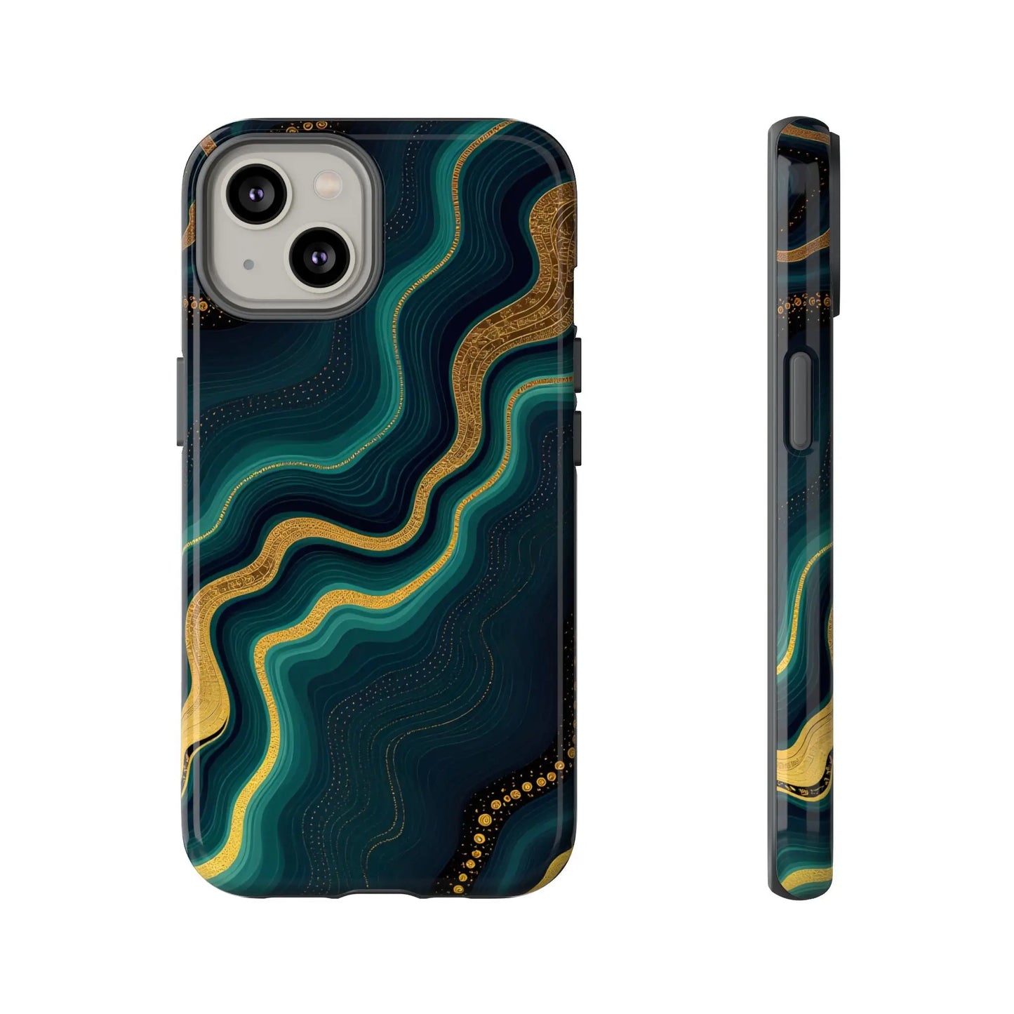 Elegant phone case showing the back side with teal and gold swirling marbled pattern glossy finish geode phone protector