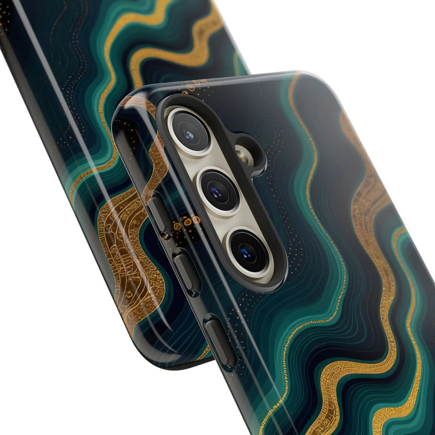 Back side of a glossy geode phone protector with swirling teal and gold patterns on a dark blue base for triple-camera phones