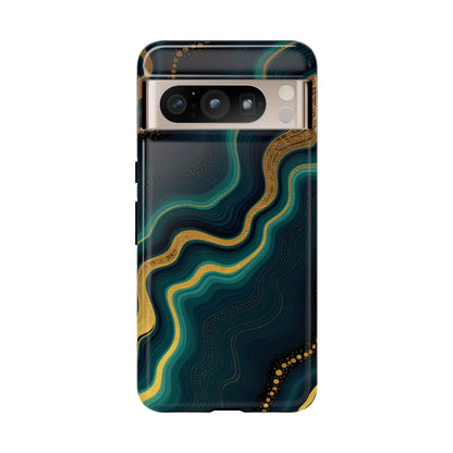 Back side of a sleek elegant phone case with teal and gold marbled design on deep navy for a geode phone protector