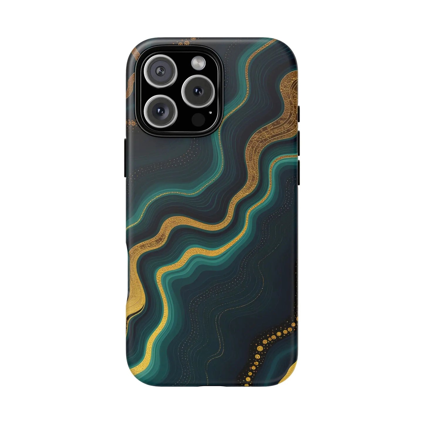 Back of an elegant phone case with a teal and gold marbled design on navy background geode phone protector
