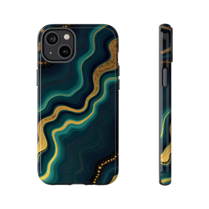 Back of a sleek geode phone protector with swirling teal and gold marbled patterns and a glossy finish