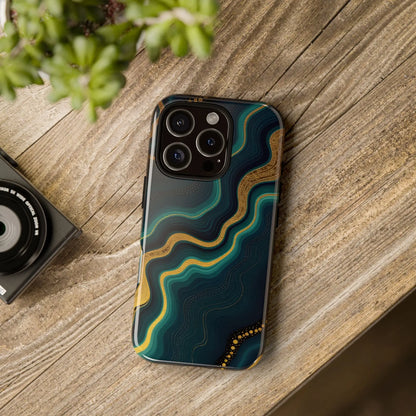Back of a sleek elegant geode phone protector with deep teal and gold abstract wave design and subtle dot accents