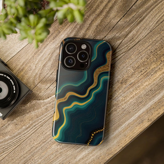 Back of a sleek elegant geode phone protector with deep teal and gold abstract wave design and subtle dot accents
