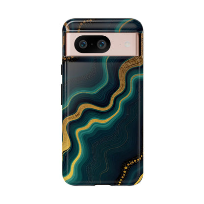 Back side of a sleek geode phone protector with a deep teal and gold swirl pattern and subtle glitter accents