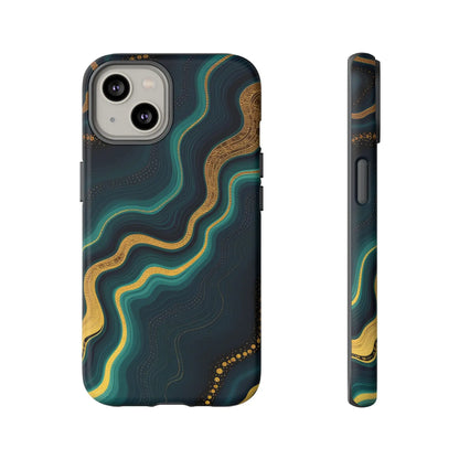 Back side of a dark teal and gold marbled elegant geode phone protector with flowing abstract wave patterns