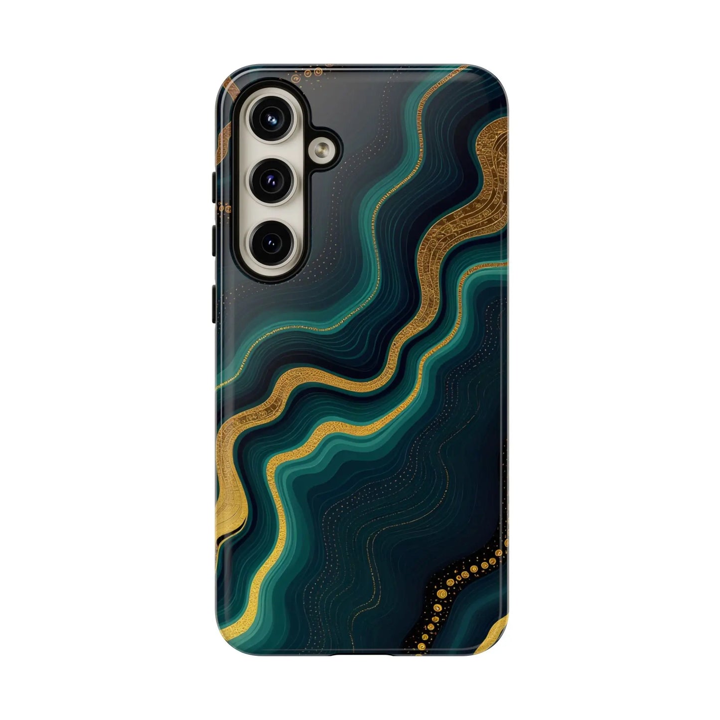 Back side of a sleek geode phone protector with teal and gold marbled patterns and intricate golden detailing