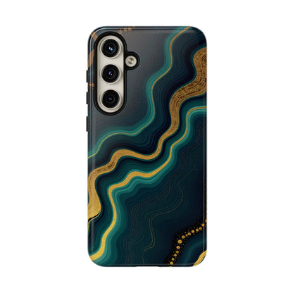 Back side of a sleek geode phone protector with teal and gold marbled patterns and intricate golden detailing