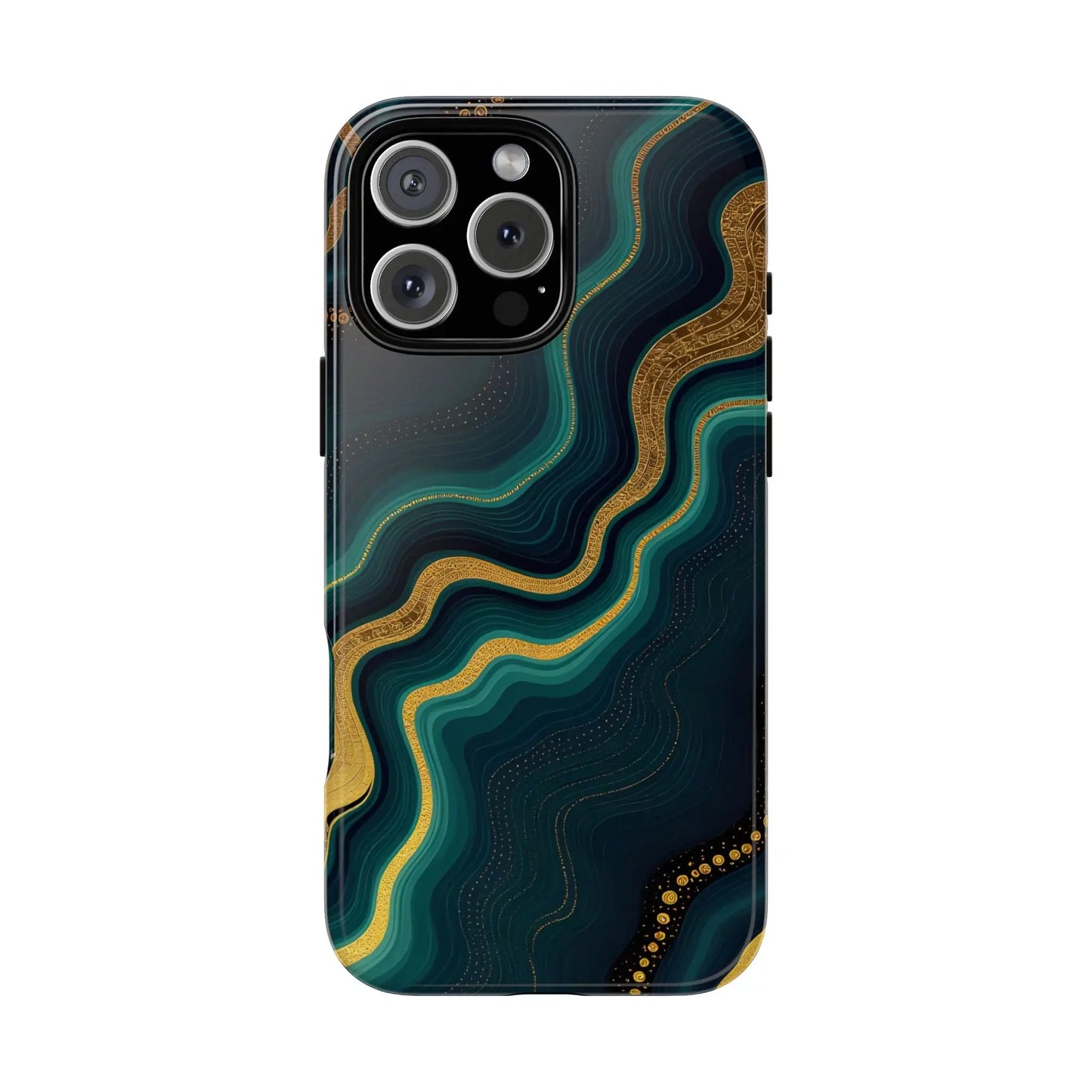 Back of a sleek geode phone protector with flowing teal and gold abstract patterns on deep navy background