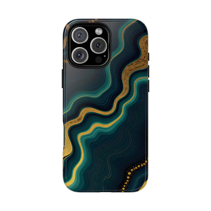 Back of a sleek geode phone protector with flowing teal and gold abstract patterns on deep navy background