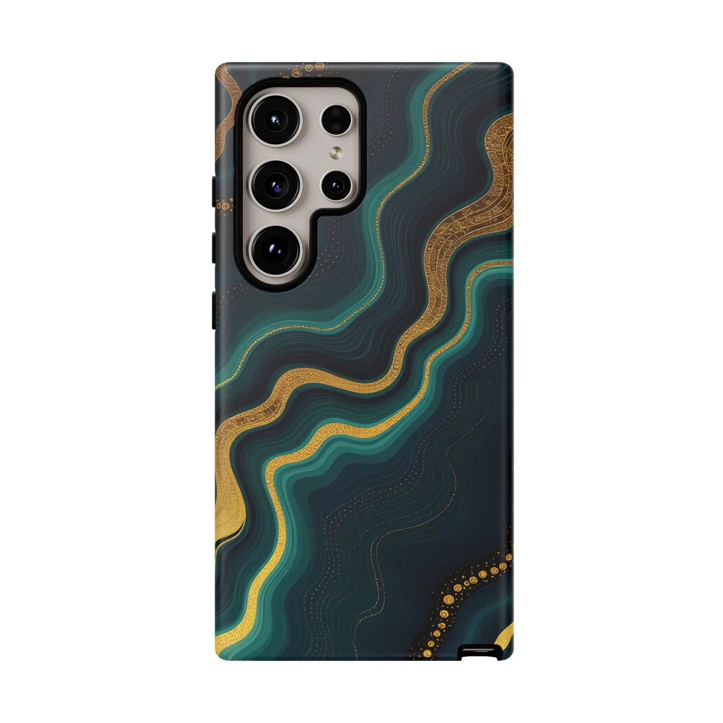 Back of a sleek samsung galaxy s21 ultra phone protector with flowing teal and gold geode phone design on navy background