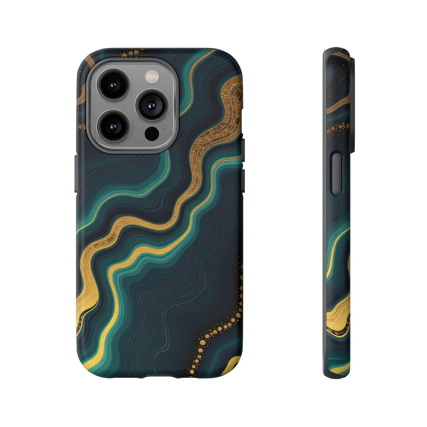 Back view of dark teal and gold marbled elegant geode phone protector with swirling patterns for stylish phone protection