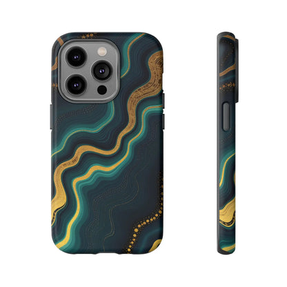 Back view of dark teal and gold marbled elegant geode phone protector with swirling patterns for stylish phone protection