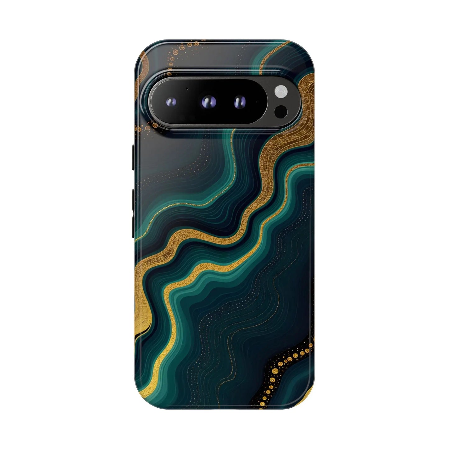 Back of a sleek geode phone protector with teal and gold marbled design on deep navy phone case