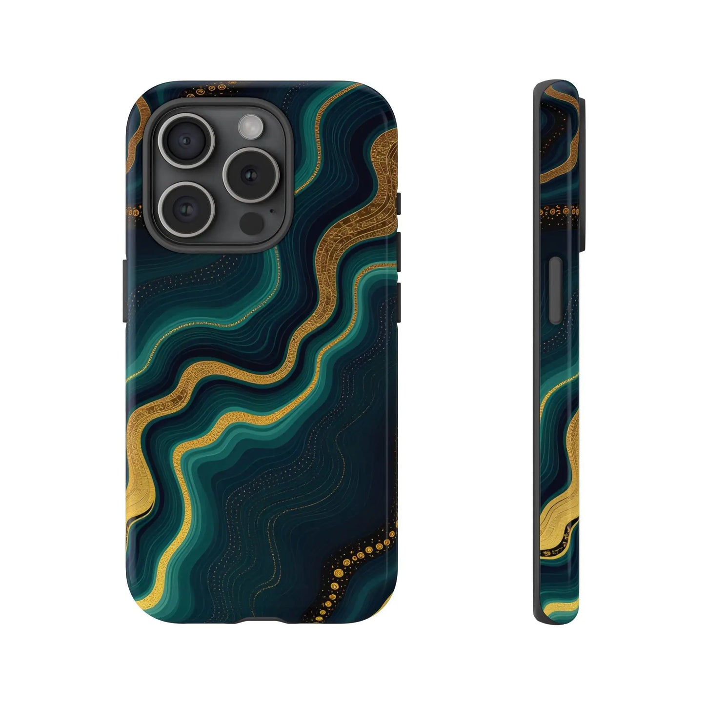Back of an elegant geode phone protector with deep teal and gold swirling patterns on a dark navy phone protector