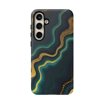 Back of elegant geode phone protector with teal and gold abstract patterns on dark navy phone protector cover
