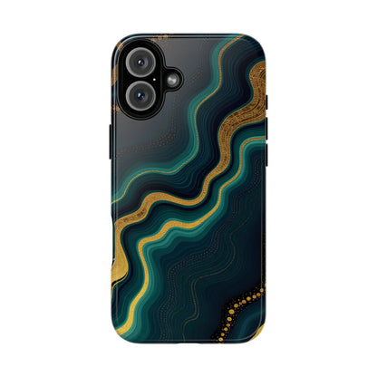 Back view of a sleek elegant geode phone protector with swirling teal and gold on dark navy phone protector