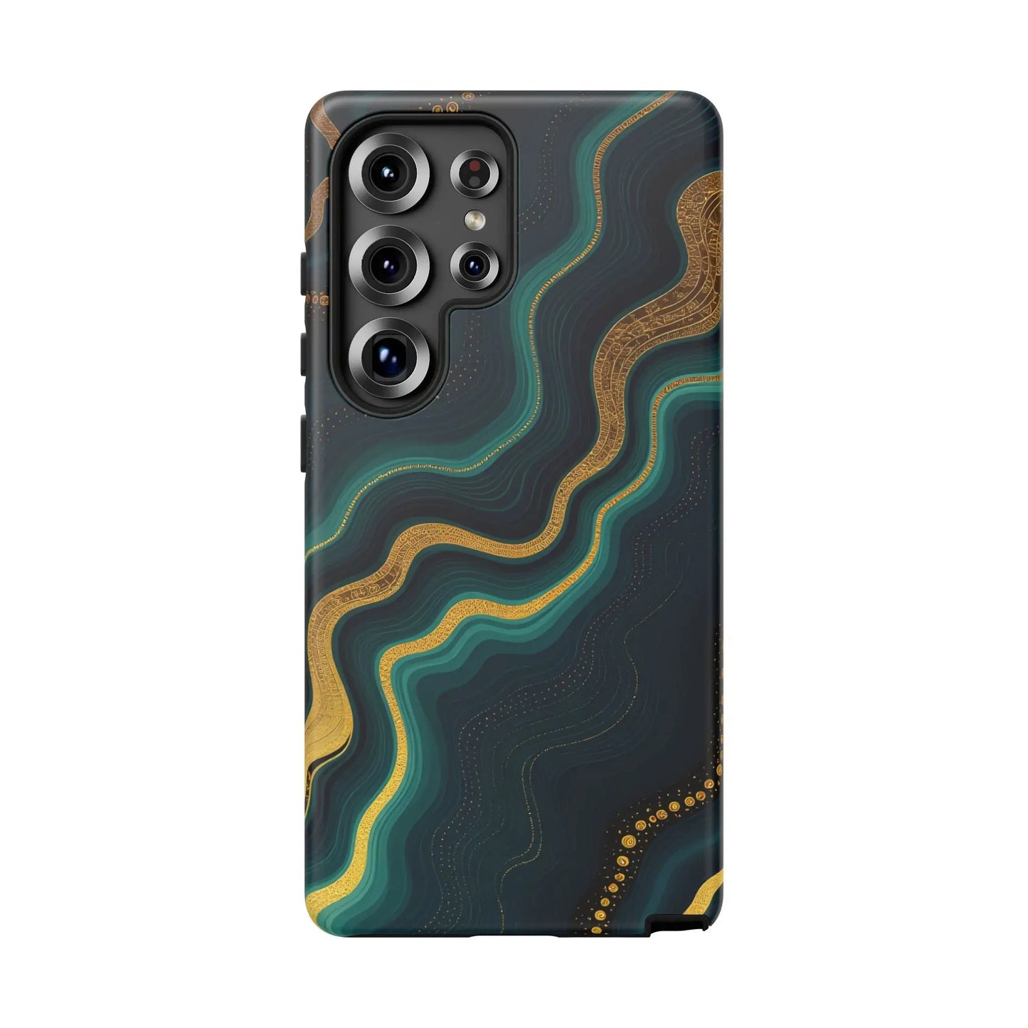 Back of a sleek samsung galaxy s23 ultra phone protector with teal and gold marbled geode phone design against dark background