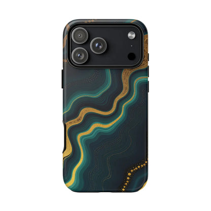 Sleek geode phone protector with teal and gold swirling pattern on black background shown from the back side