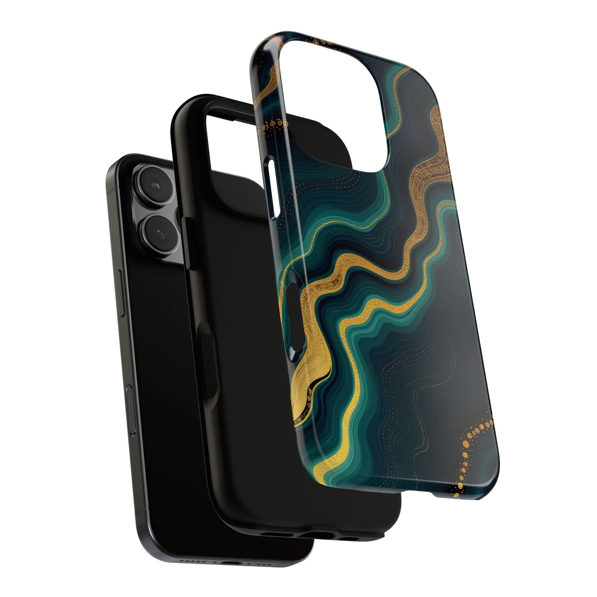 Back of a sleek geode phone protector with glossy teal and gold swirling patterns on a dark background
