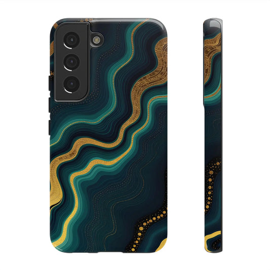 Back of a sleek elegant geode phone protector with deep teal and gold swirls on a dark navy phone protector cover