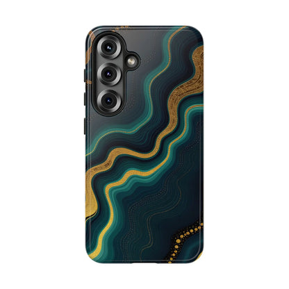 Back of elegant geode phone protector with swirling teal and gold patterns on deep navy for stylish phone protection