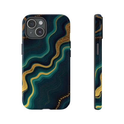 Back of a sleek geode phone protector with abstract teal and gold swirls on a dark navy phone protector case