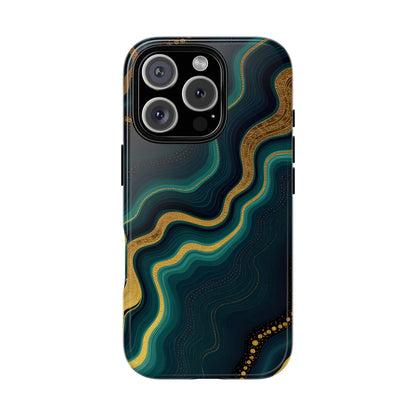 Back of a sleek geode phone protector with swirling teal and gold marbled patterns and intricate golden detailing