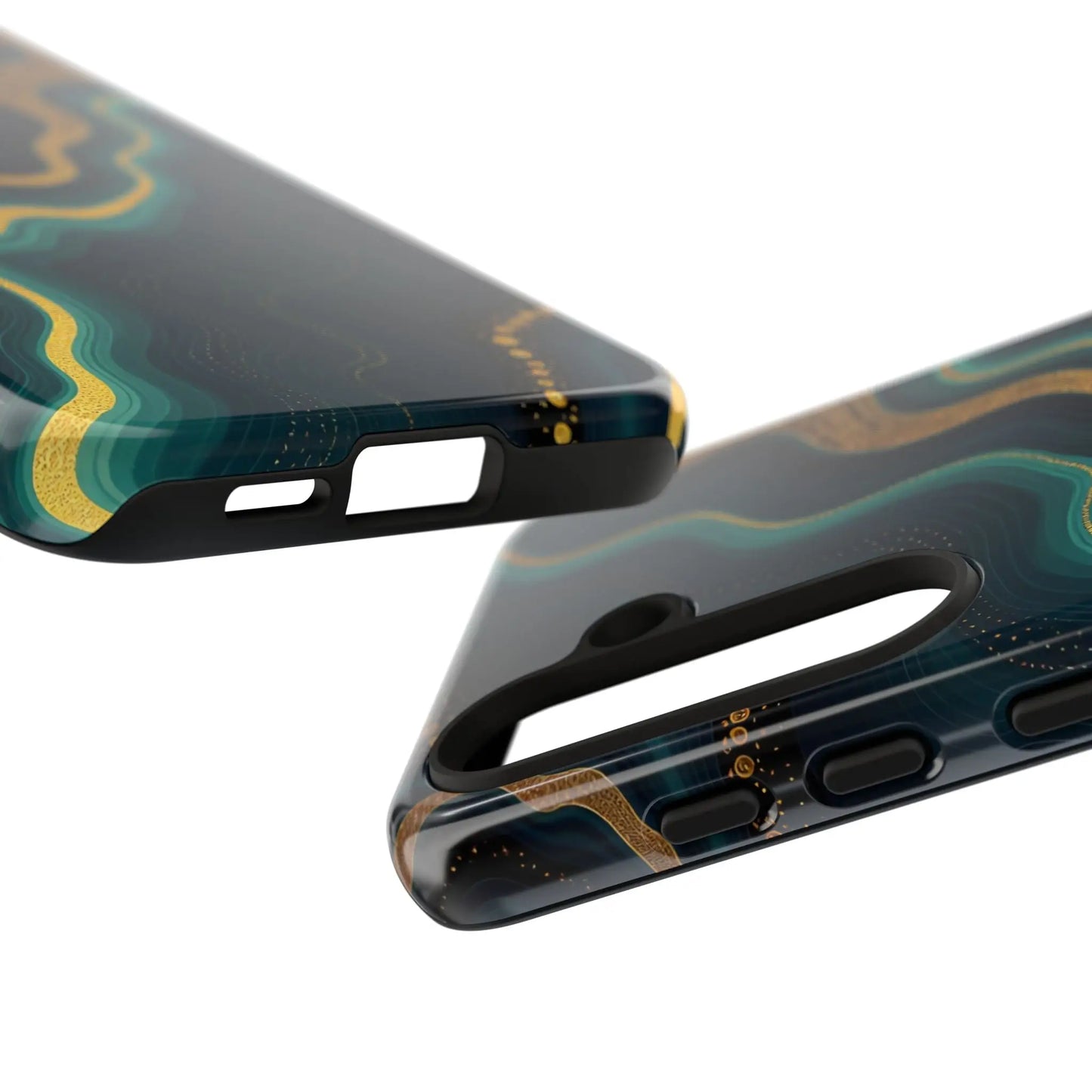 Back of a sleek geode phone protector with a glossy swirling deep teal and gold pattern for stylish protection