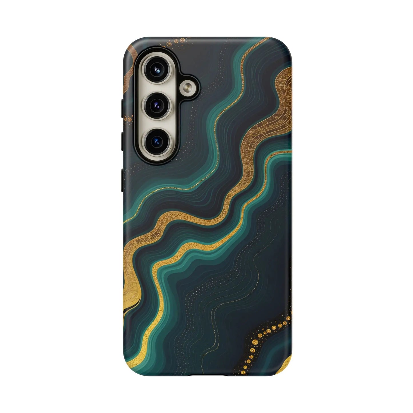 A sleek geode phone protector with swirling teal and gold patterns on a dark navy back for stylish phone protection