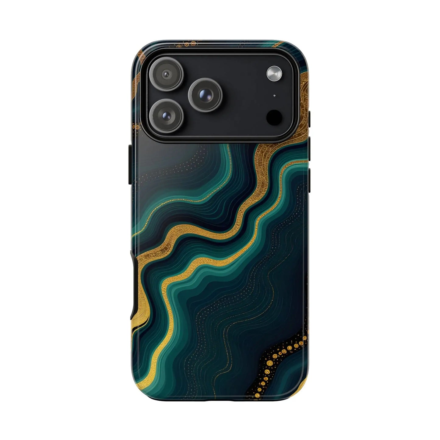 Back of a sleek elegant phone case with teal and gold marbled design on navy background geode phone protector