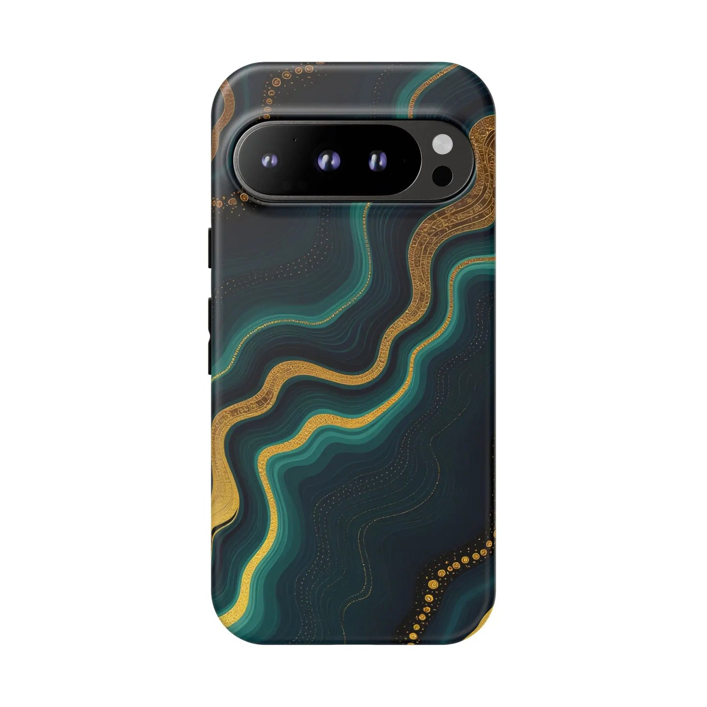 Back side of an elegant geode phone protector with teal and gold marbled patterns on a dark navy phone case