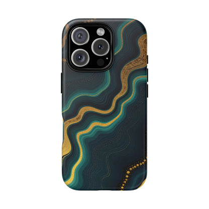 Back of a sleek elegant phone case with teal and gold swirling geode pattern on deep navy background geode phone protector