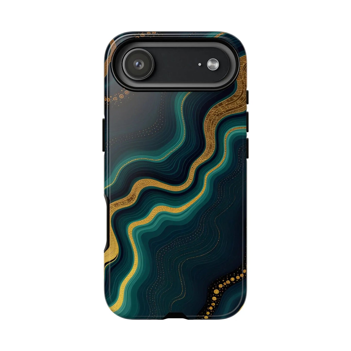 Back of a sleek geode phone protector with swirling teal and gold patterns on a dark navy phone protector case
