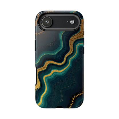 Back of a sleek geode phone protector with swirling teal and gold patterns on a dark navy phone protector case