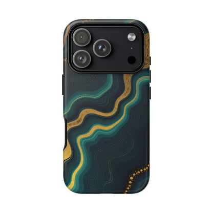 Back view of an elegant geode phone protector with swirling teal and gold patterns and precise camera cutouts