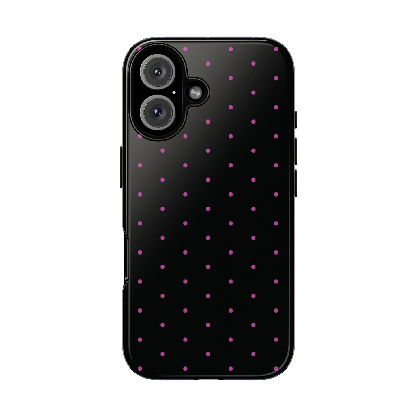 Elegant Pink Dot Black Tough Phone Case Stylish Accessories, - iPhone 16 / Glossy - Mobile Phone Cases