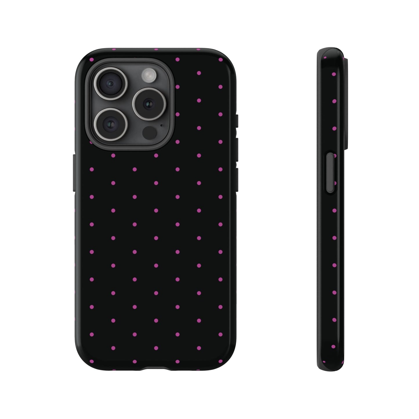 Elegant Pink Dot Black Tough Phone Case Stylish Accessories, - iPhone 15 Pro / Glossy - Mobile Phone Cases