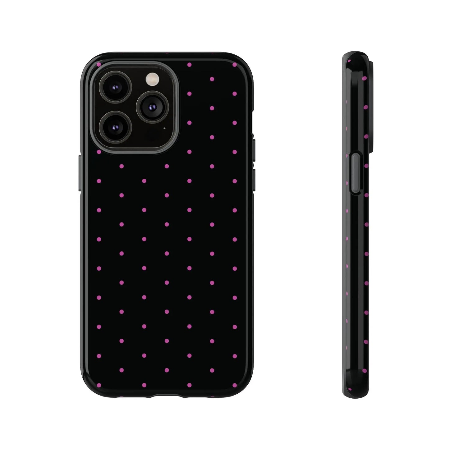Elegant Pink Dot Black Tough Phone Case Stylish Accessories, - iPhone 14 Pro Max / Glossy - Mobile Phone Cases