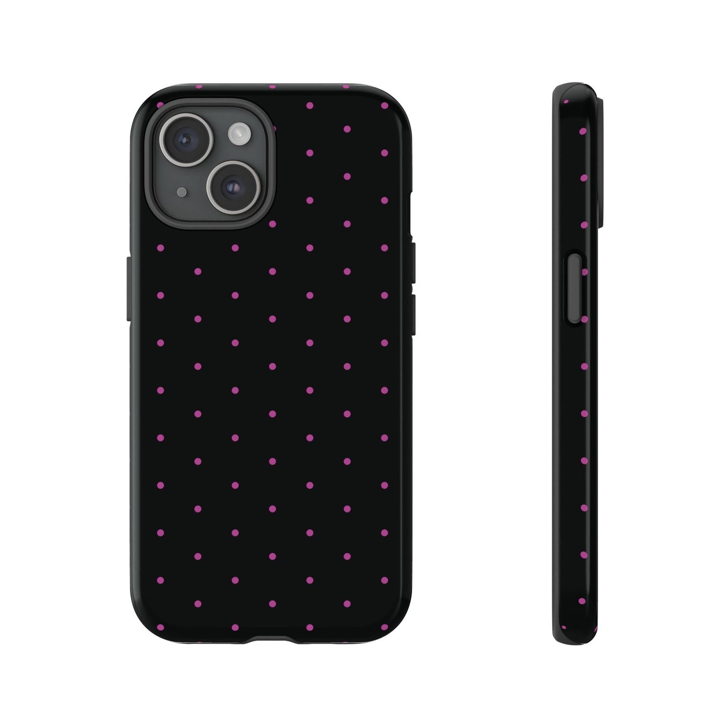 Elegant Pink Dot Black Tough Phone Case Stylish Accessories, - iPhone 15 / Glossy - Mobile Phone Cases