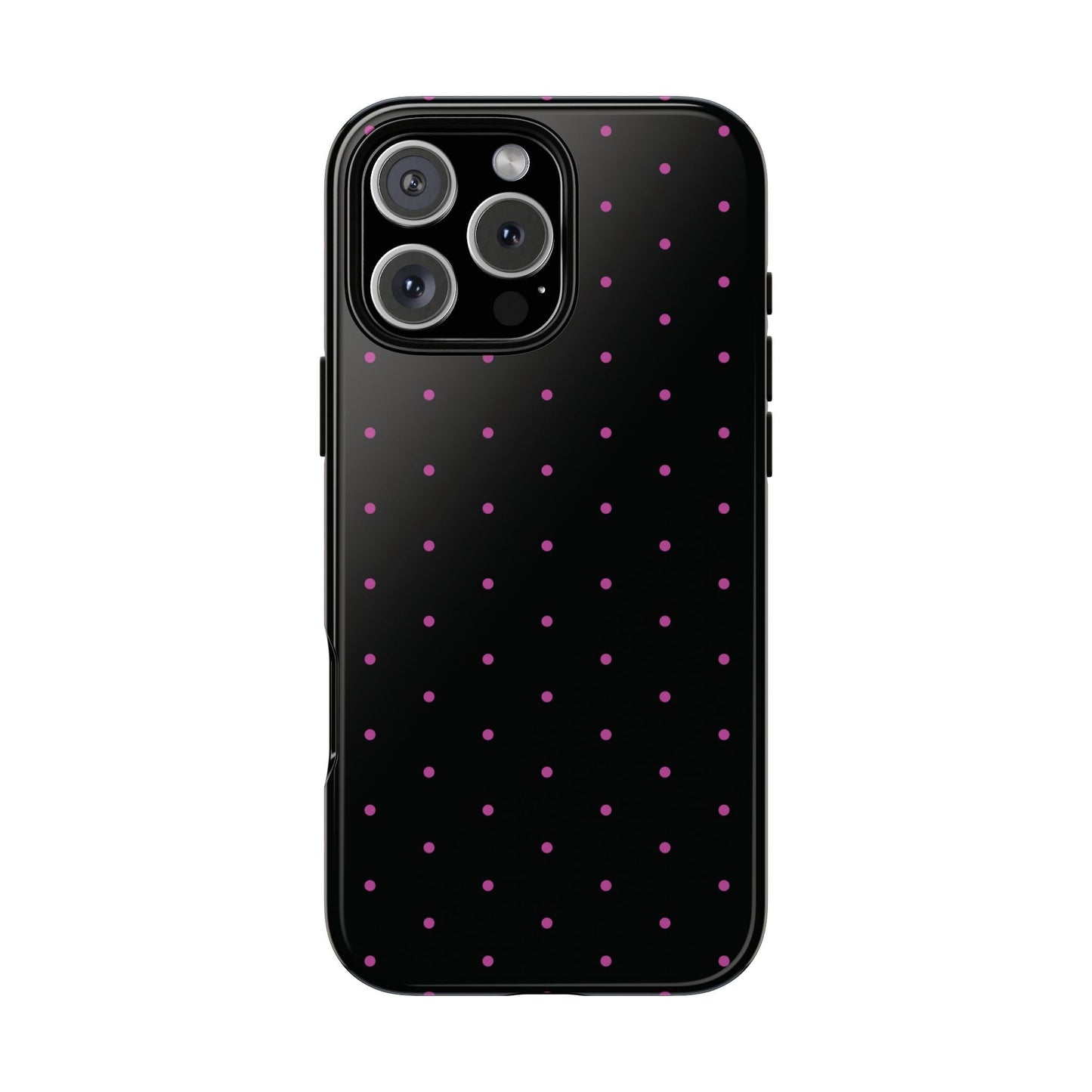 Elegant Pink Dot Black Tough Phone Case Stylish Accessories, - iPhone 16 Pro Max / Glossy - Mobile Phone Cases