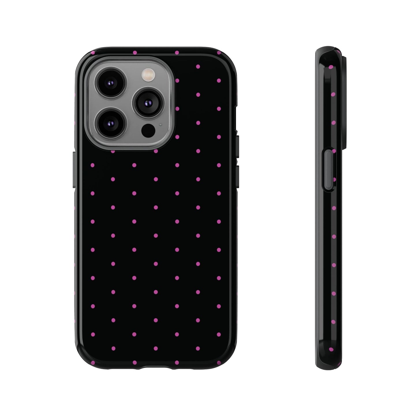 Elegant Pink Dot Black Tough Phone Case Stylish Accessories, - iPhone 14 Pro / Glossy - Mobile Phone Cases