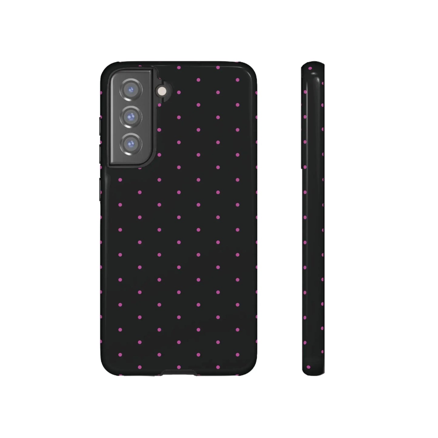 Elegant Pink Dot Black Tough Phone Case Stylish Accessories, - Samsung Galaxy S21 FE / Glossy - Mobile Phone Cases