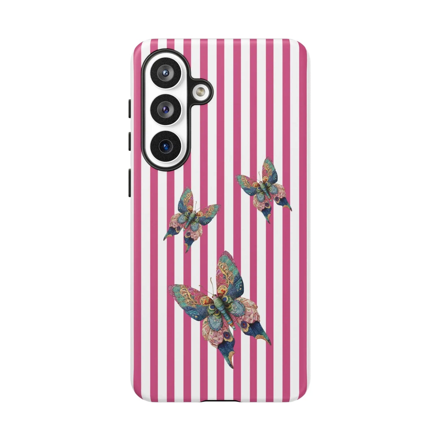 Floral butterfly pink stripe phone case with pink and white stripes and three detailed blue green and gold butterflies on back